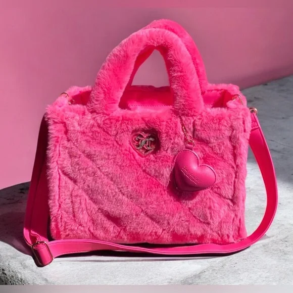 Juicy Couture Large Bag Pink Faux Fur Tote Bag w/ Crossbody Strap. So cute! 🩷 - Picture 2 of 12